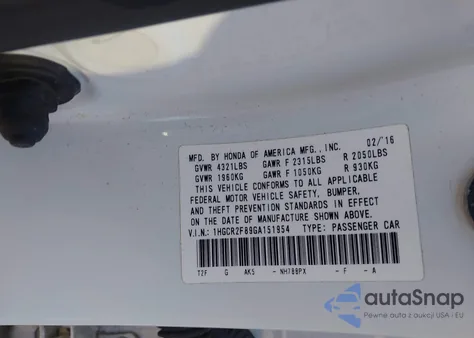 2016 Honda Accord Ex-L из США, поврежденный, VIN 1HGCR2F89GA151954